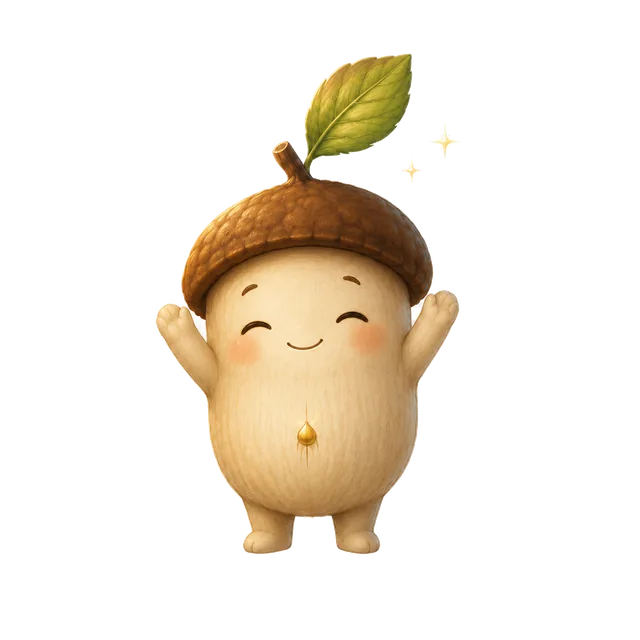 Nib the acorn character celebrating with both arms raised.
