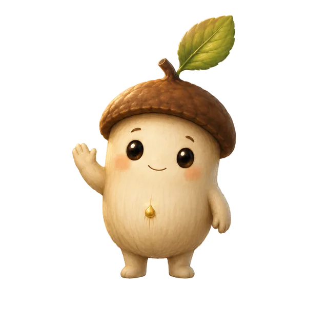 Nib the acorn character waving hello.
