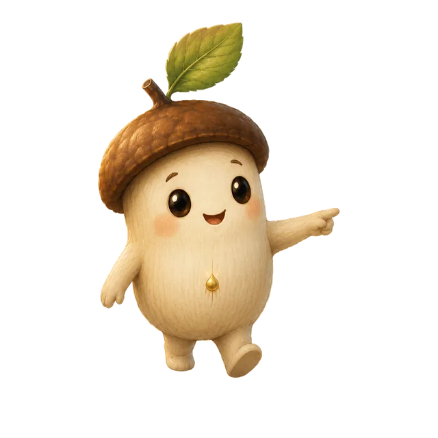 Nib the acorn character pointing the way, inviting your child to begin.