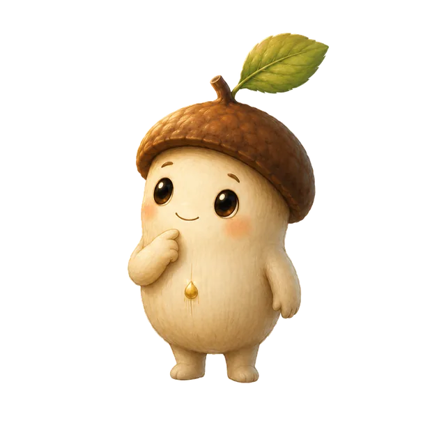 Nib the acorn character thinking, finger to chin.